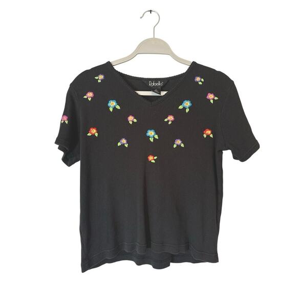 Y2K Rafaella Black Ribbed Tee , Size M 
100% Cotton, Embroidered Floral Baby Tee - Picture 1 of 5